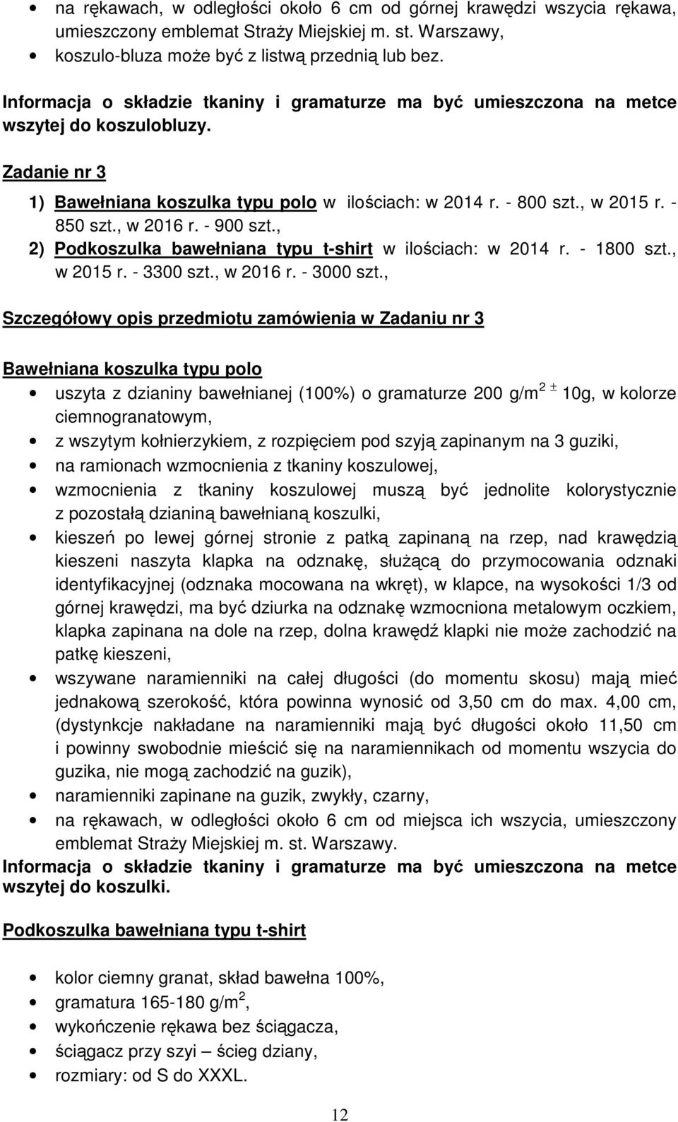 , w 2016 r. - 900 szt., 2) Podkoszulka bawełniana typu t-shirt w ilościach: w 2014 r. - 1800 szt., w 2015 r. - 3300 szt., w 2016 r. - 3000 szt.