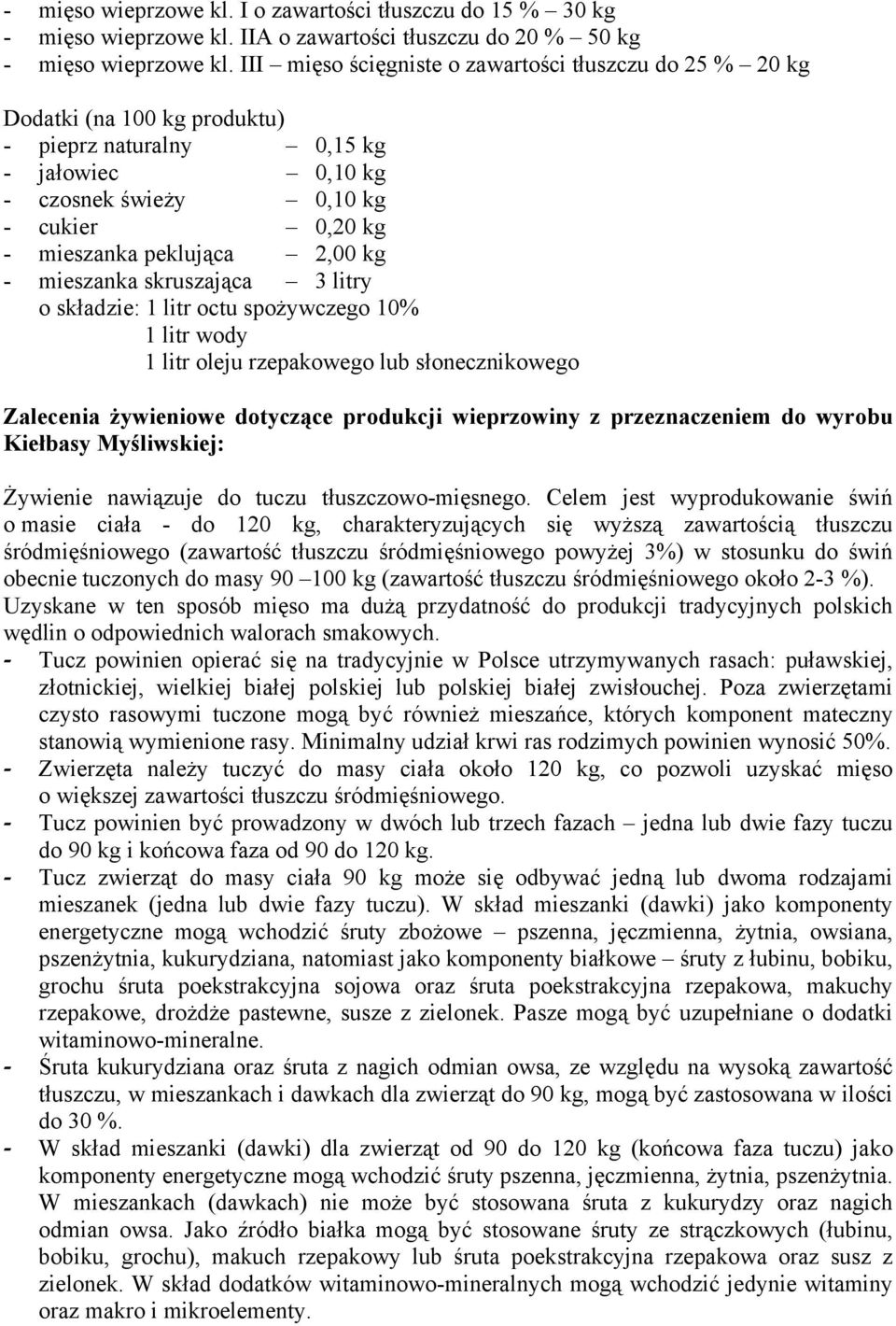 2,00 kg - mieszanka skruszająca 3 litry o składzie: 1 litr octu spożywczego 10% 1 litr wody 1 litr oleju rzepakowego lub słonecznikowego Zalecenia żywieniowe dotyczące produkcji wieprzowiny z