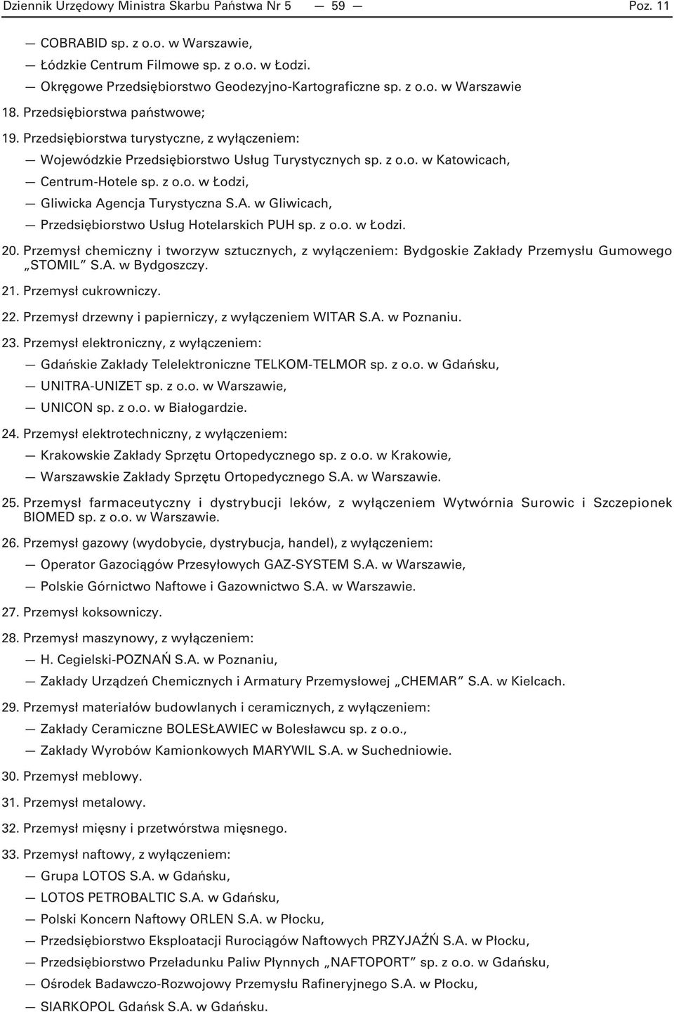 A. w Gliwicach, Przedsiębiorstwo Usług Hotelarskich PUH sp. z o.o. w Łodzi. 20. Przemysł chemiczny i tworzyw sztucznych, z wyłączeniem: Bydgoskie Zakłady Przemysłu Gumowego STOMIL S.A. w Bydgoszczy.