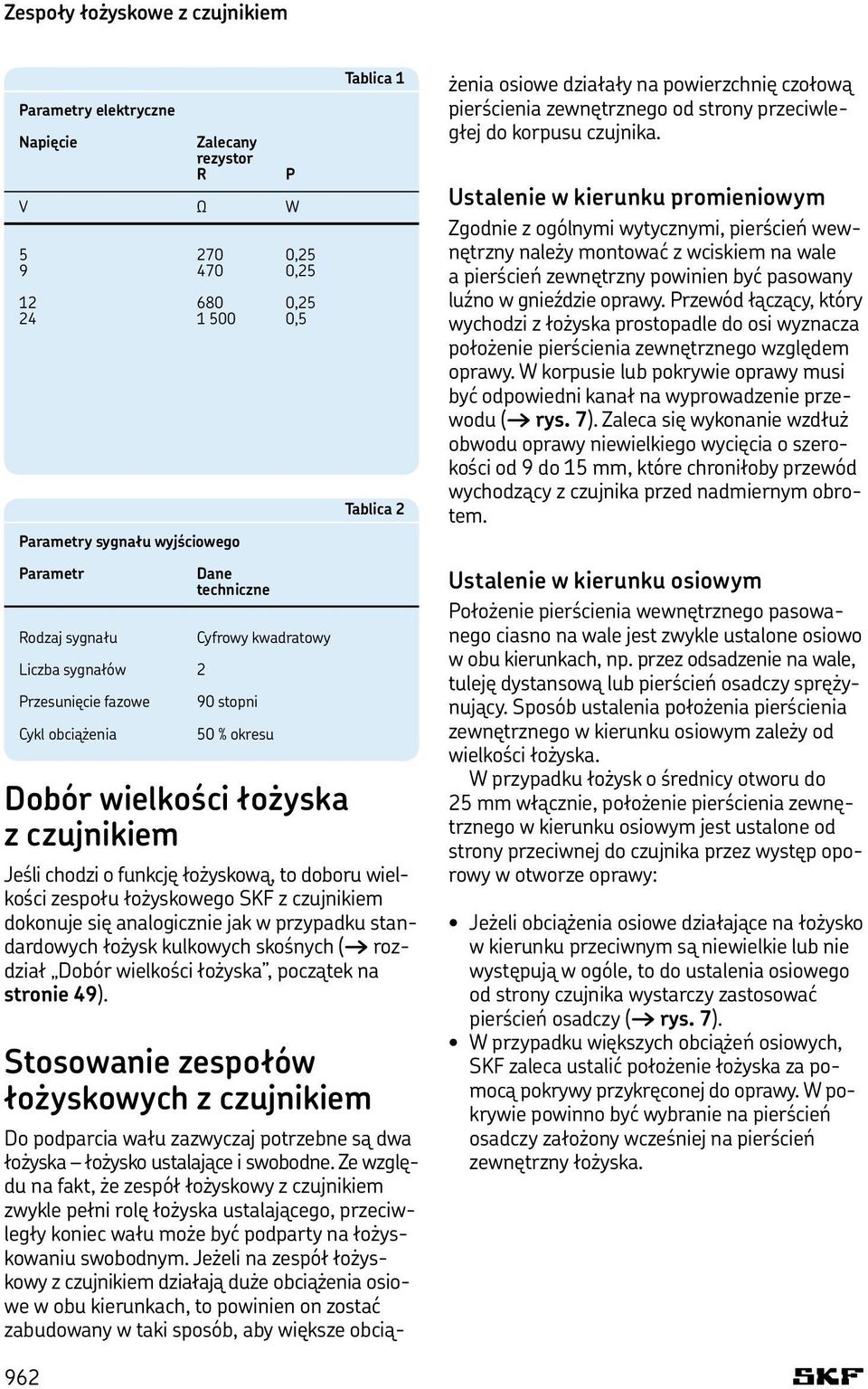 doboru wielkości zespołu łożyskowego SKF z czujnikiem dokonuje się analogicznie jak w przypadku standardowych łożysk kulkowych skośnych ( rozdział Dobór wielkości łożyska, początek na stronie 49).