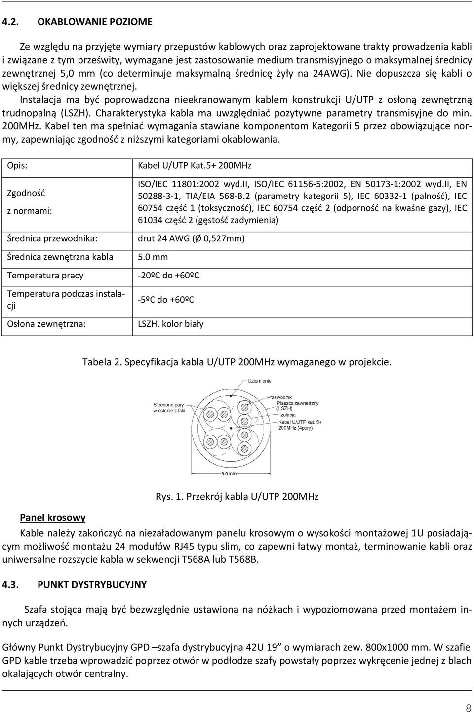 Instalacja ma być poprowadzona nieekranowanym kablem konstrukcji U/UTP z osłoną zewnętrzną trudnopalną (LSZH). Charakterystyka kabla ma uwzględniać pozytywne parametry transmisyjne do min. 200MHz.