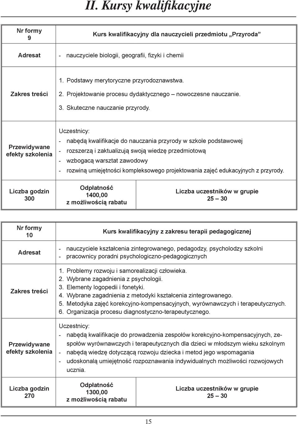 nabędą kwalifikacje do nauczania przyrody w szkole podstawowej rozszerzą i zaktualizują swoją wiedzę przedmiotową wzbogacą warsztat zawodowy rozwiną umiejętności kompleksowego projektowania zajęć