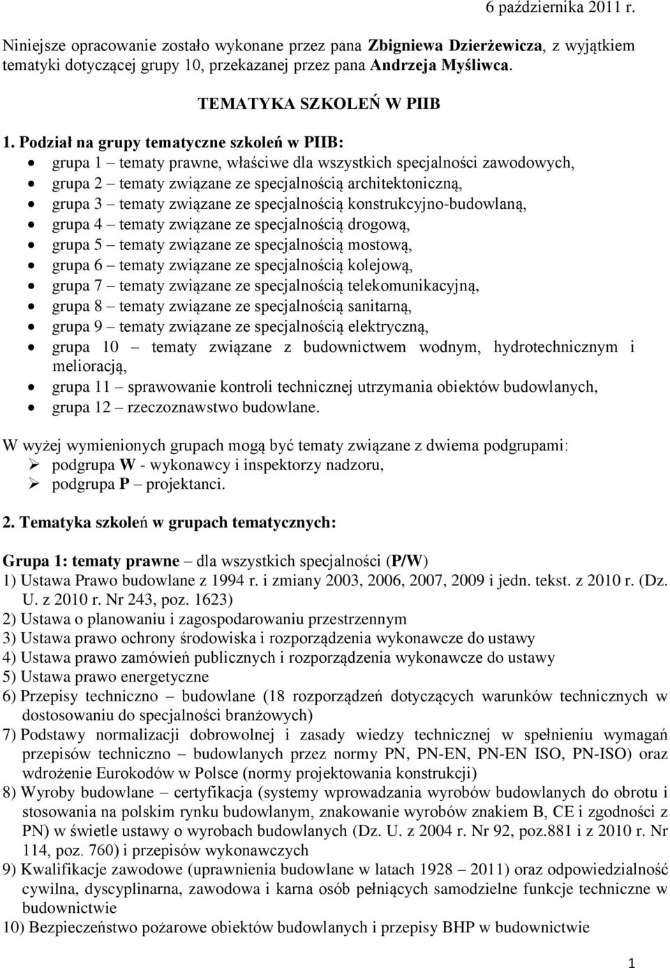 Podział na grupy tematyczne szkoleń w PIIB: grupa 1 tematy prawne, właściwe dla wszystkich specjalności zawodowych, grupa 2 tematy związane ze specjalnością architektoniczną, grupa 3 tematy związane