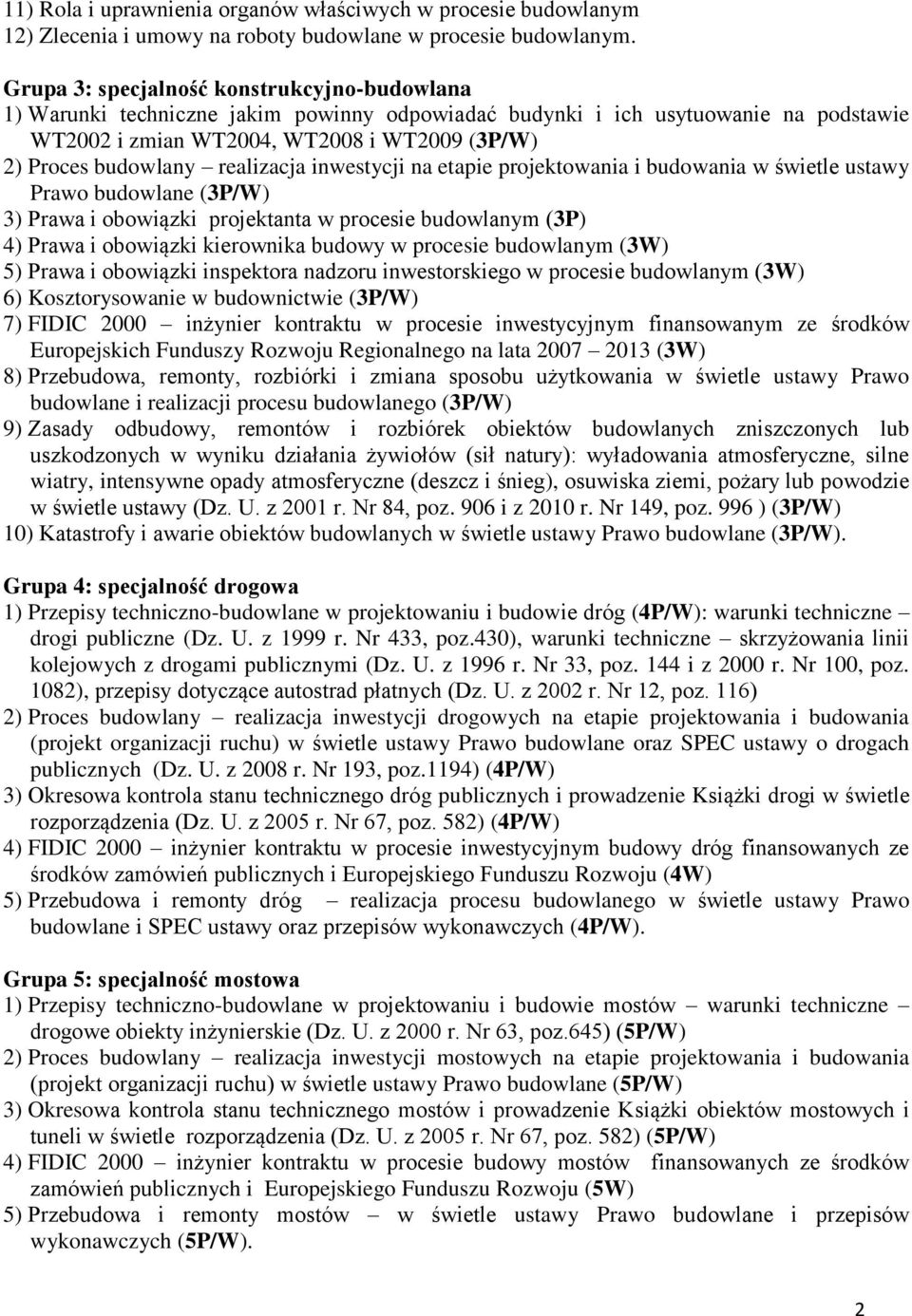 realizacja inwestycji na etapie projektowania i budowania w świetle ustawy Prawo budowlane (3P/W) 3) Prawa i obowiązki projektanta w procesie budowlanym (3P) 4) Prawa i obowiązki kierownika budowy w