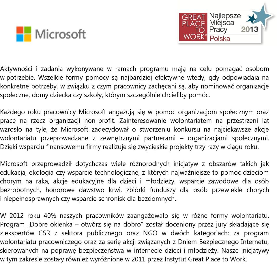 którym szczególnie chcieliby pomóc. Każdego roku pracownicy Microsoft angażują się w pomoc organizacjom społecznym oraz pracę na rzecz organizacji non-profit.