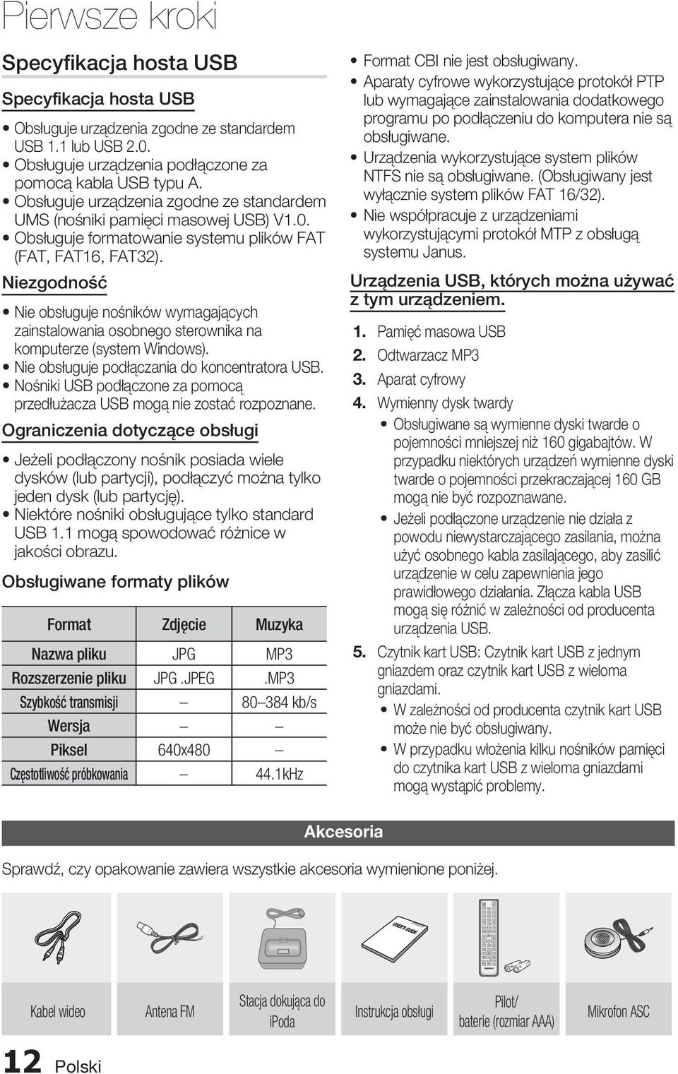 Obsługuje urządzenia zgodne ze standardem UMS (nośniki pamięci masowej USB) V1.0. Obsługuje formatowanie systemu plików FAT (FAT, FAT16, FAT32).