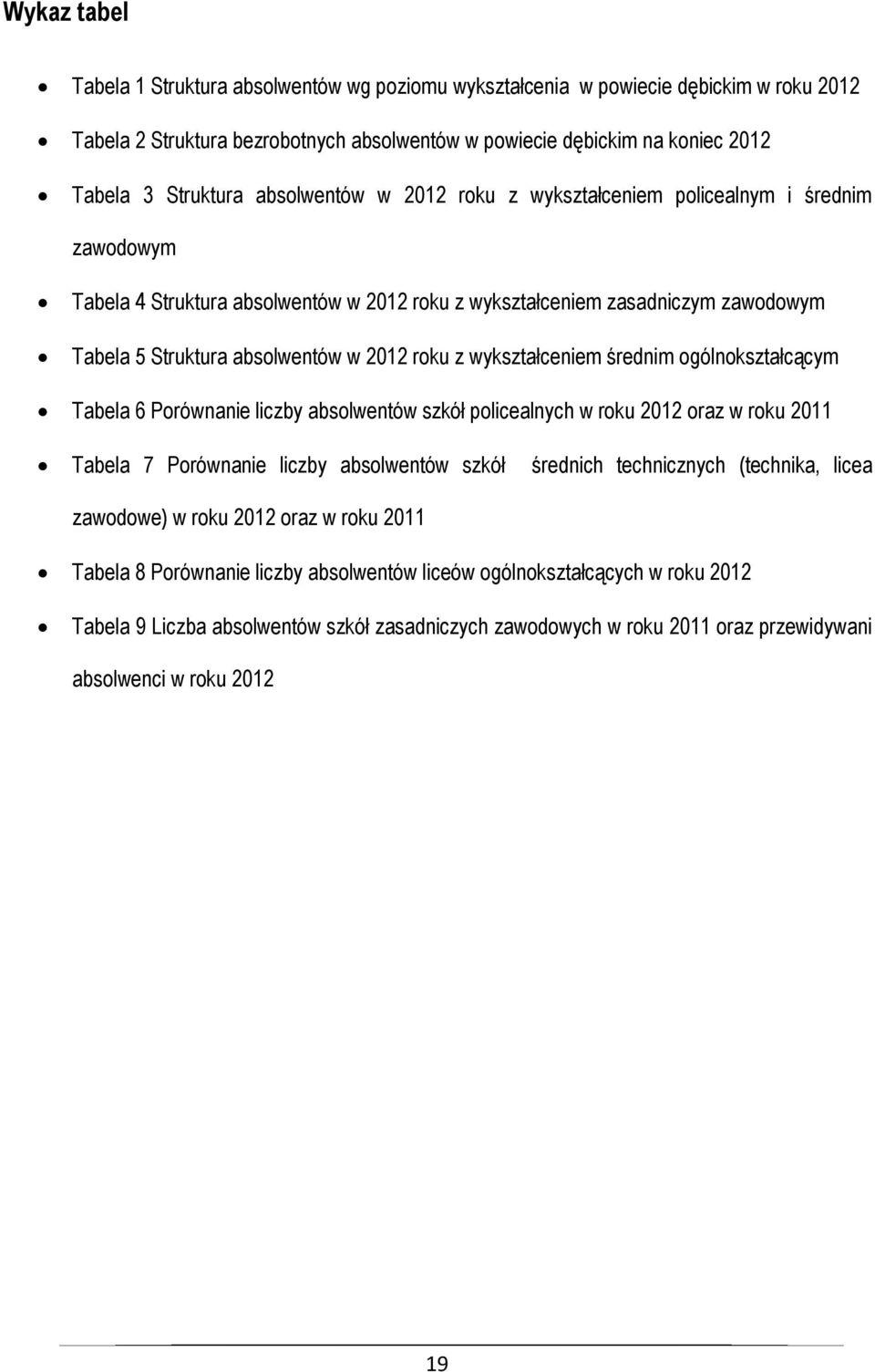 wykształceniem średnim ogólnokształcącym Tabela 6 Porównanie liczby absolwentów szkół policealnych w roku 2012 oraz w roku 2011 Tabela 7 Porównanie liczby absolwentów szkół średnich technicznych