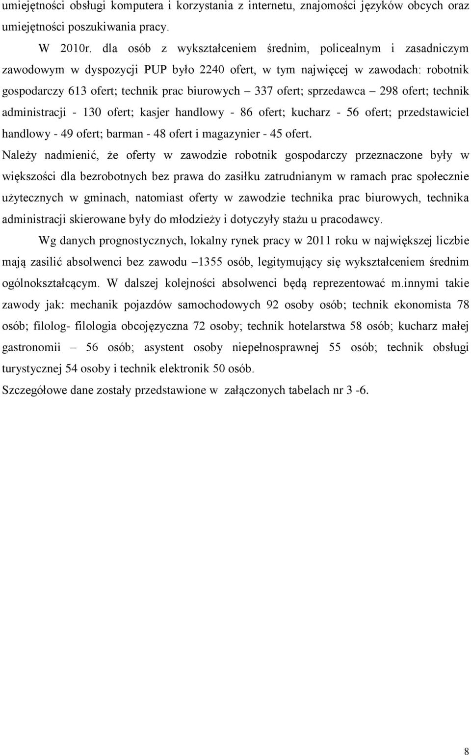 sprzedawca 298 ofert; technik administracji - 130 ofert; kasjer handlowy - 86 ofert; kucharz - 56 ofert; przedstawiciel handlowy - 49 ofert; barman - 48 ofert i magazynier - 45 ofert.