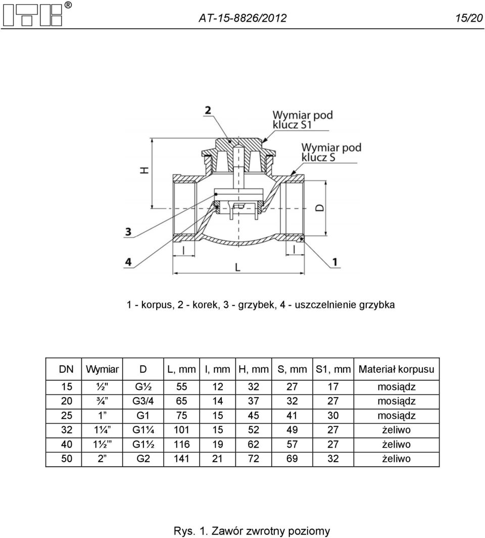 ¾ G3/4 65 14 37 32 27 mosiądz 25 1 G1 75 15 45 41 30 mosiądz 32 1¼ G1¼ 101 15 52 49 27
