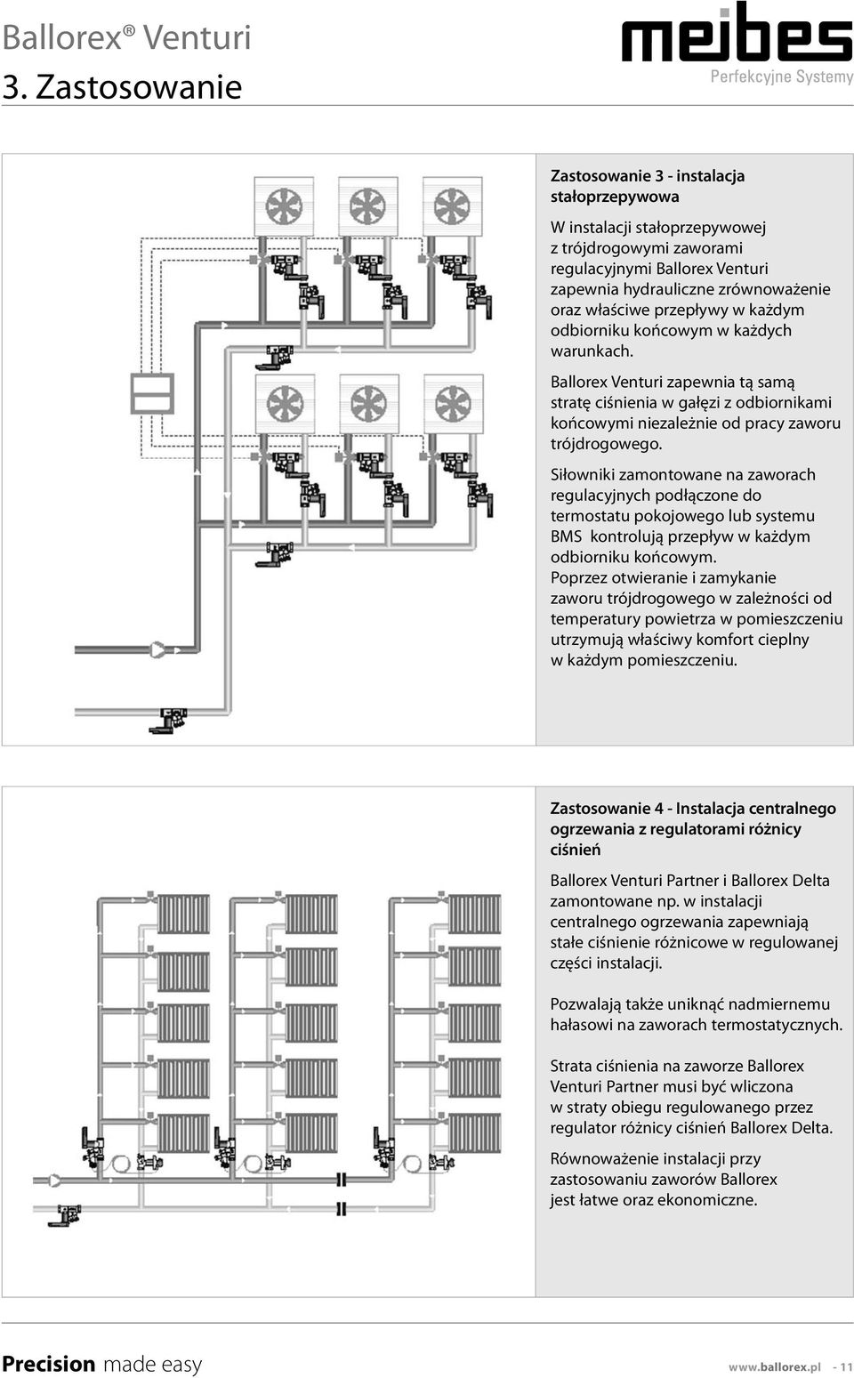 przepływy w każdym odbiorniku końcowym w każdych warunkach. Ballorex Venturi zapewnia tą samą stratę ciśnienia w gałęzi z odbiornikami końcowymi niezależnie od pracy zaworu trójdrogowego.