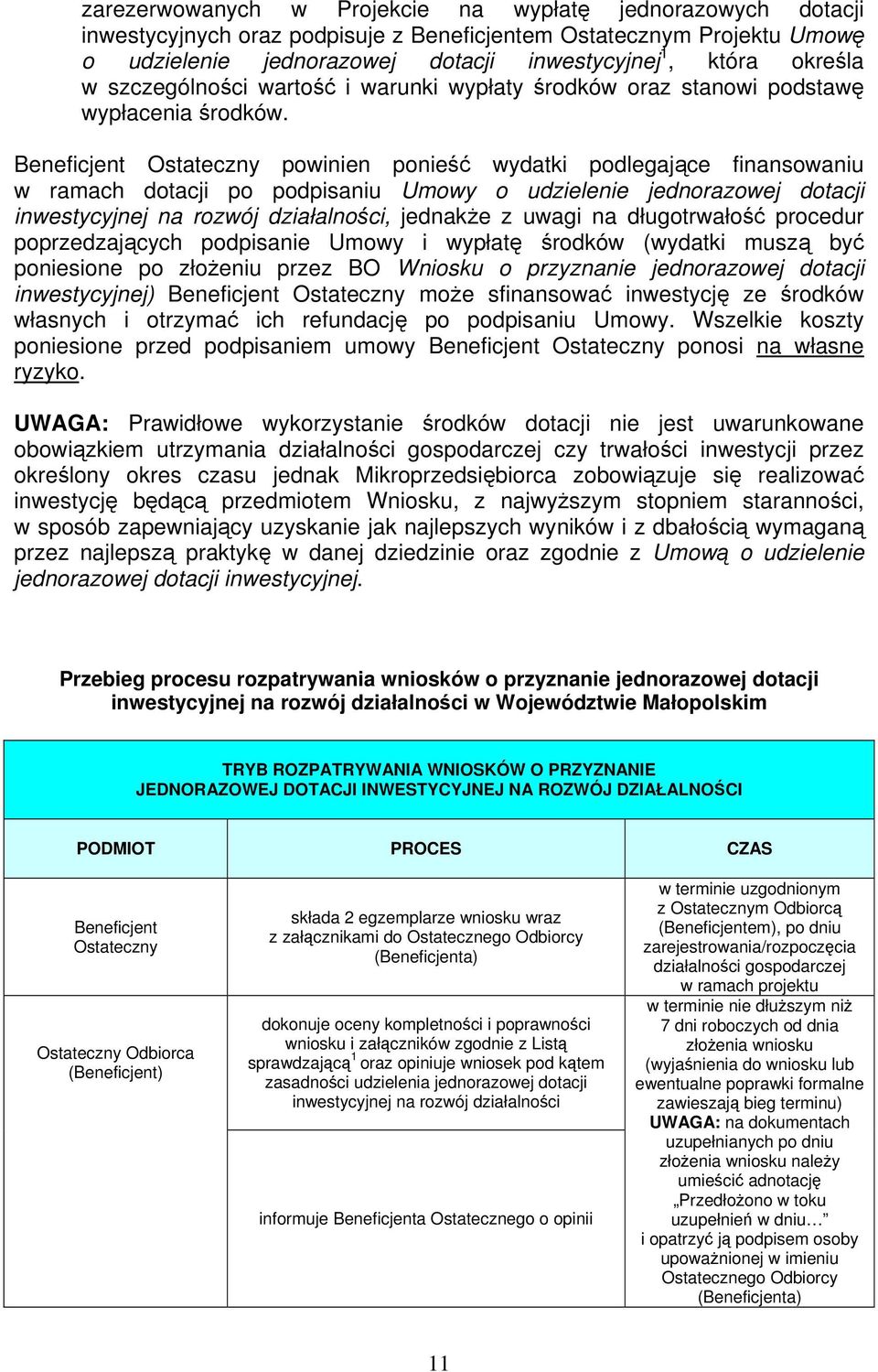 Beneficjent Ostateczny powinien ponieść wydatki podlegające finansowaniu w ramach dotacji po podpisaniu Umowy o udzielenie jednorazowej dotacji inwestycyjnej na rozwój działalności, jednakże z uwagi