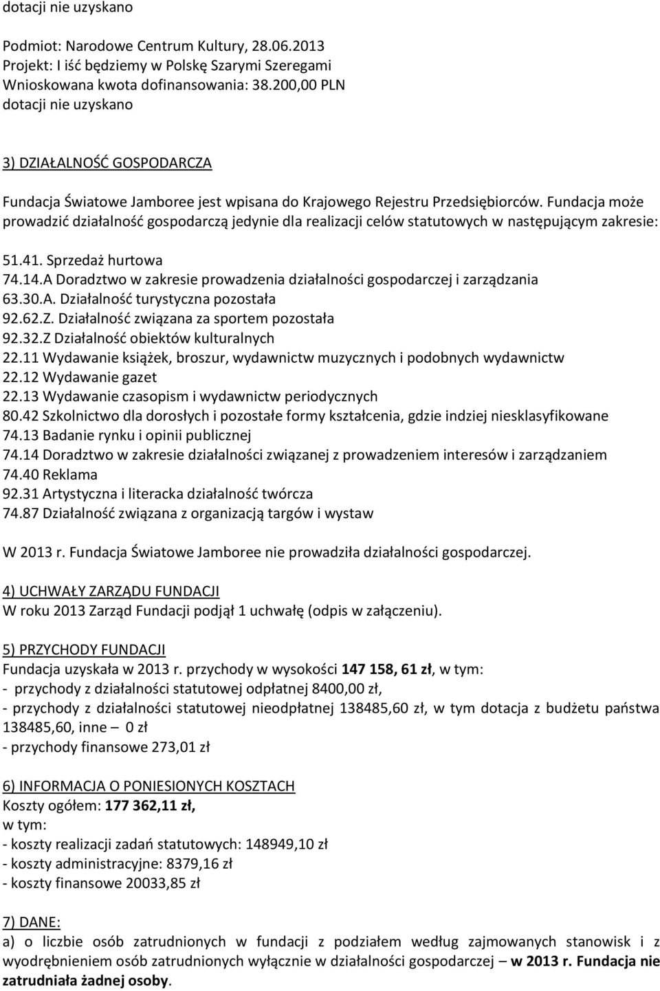 Fundacja może prowadzić działalność gospodarczą jedynie dla realizacji celów statutowych w następującym zakresie: 51.41. Sprzedaż hurtowa 74.14.