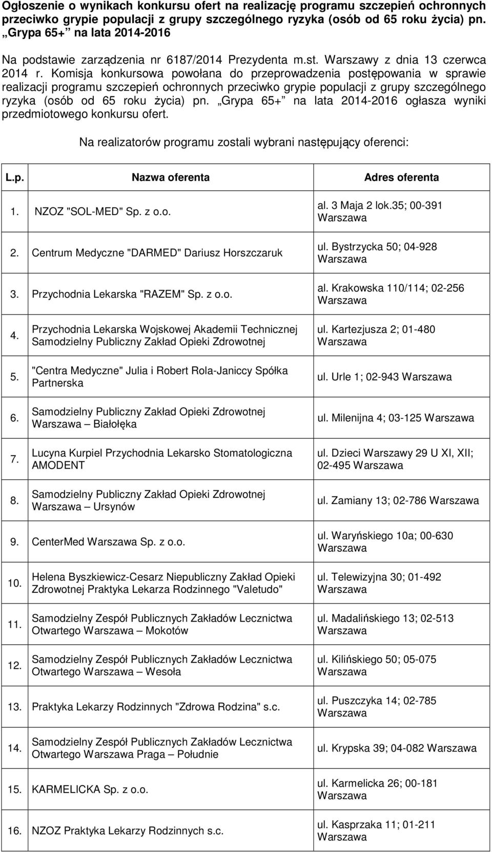 Komisja konkursowa powołana do przeprowadzenia postępowania w sprawie realizacji programu szczepień ochronnych przeciwko grypie populacji z grupy szczególnego ryzyka (osób od 65 roku życia) pn.