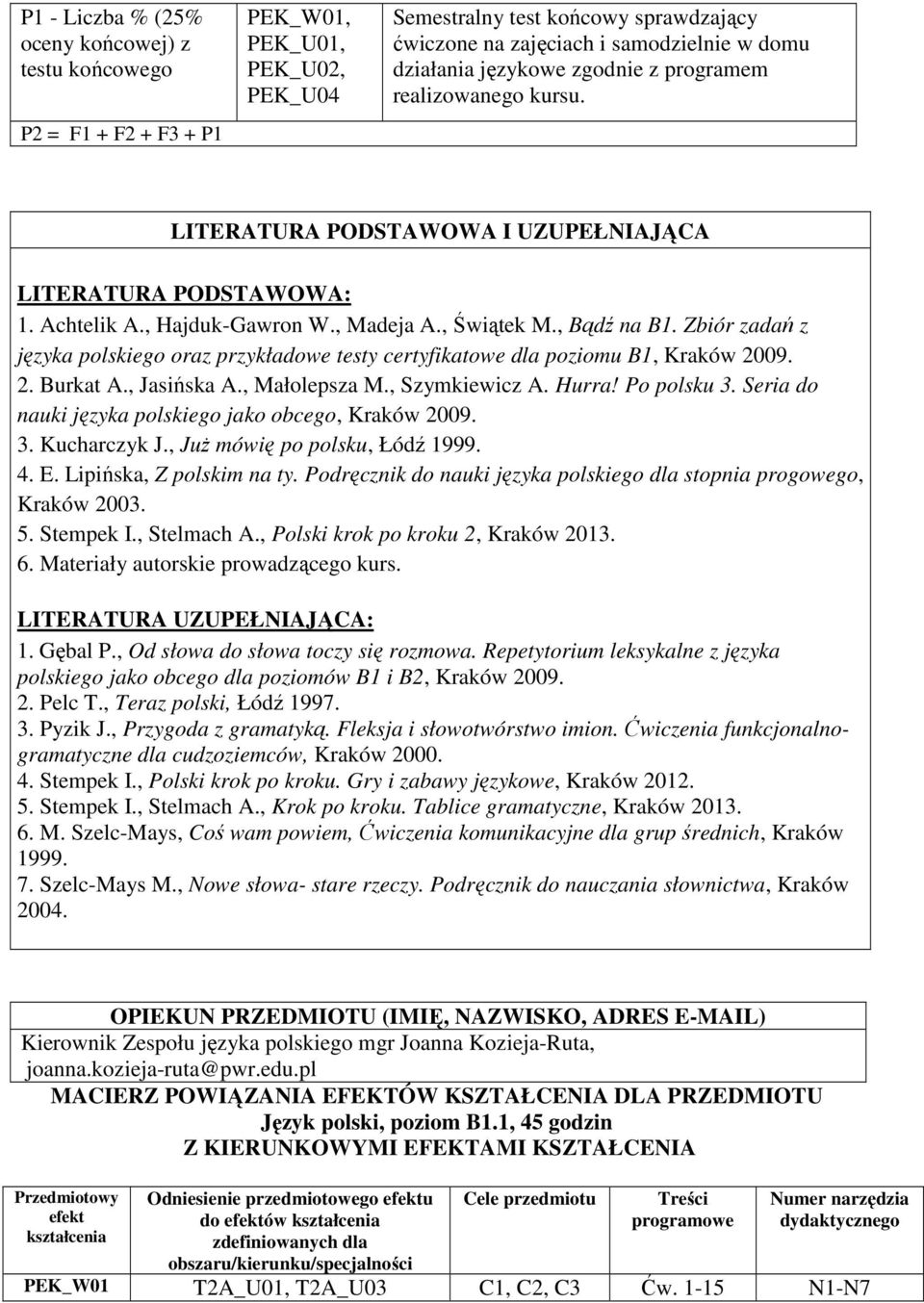 Zbiór zadań z języka polskiego oraz przykładowe testy certyfikatowe dla poziomu B1, Kraków 2009. 2. Burkat A., Jasińska A., Małolepsza M., Szymkiewicz A. Hurra! Po polsku.