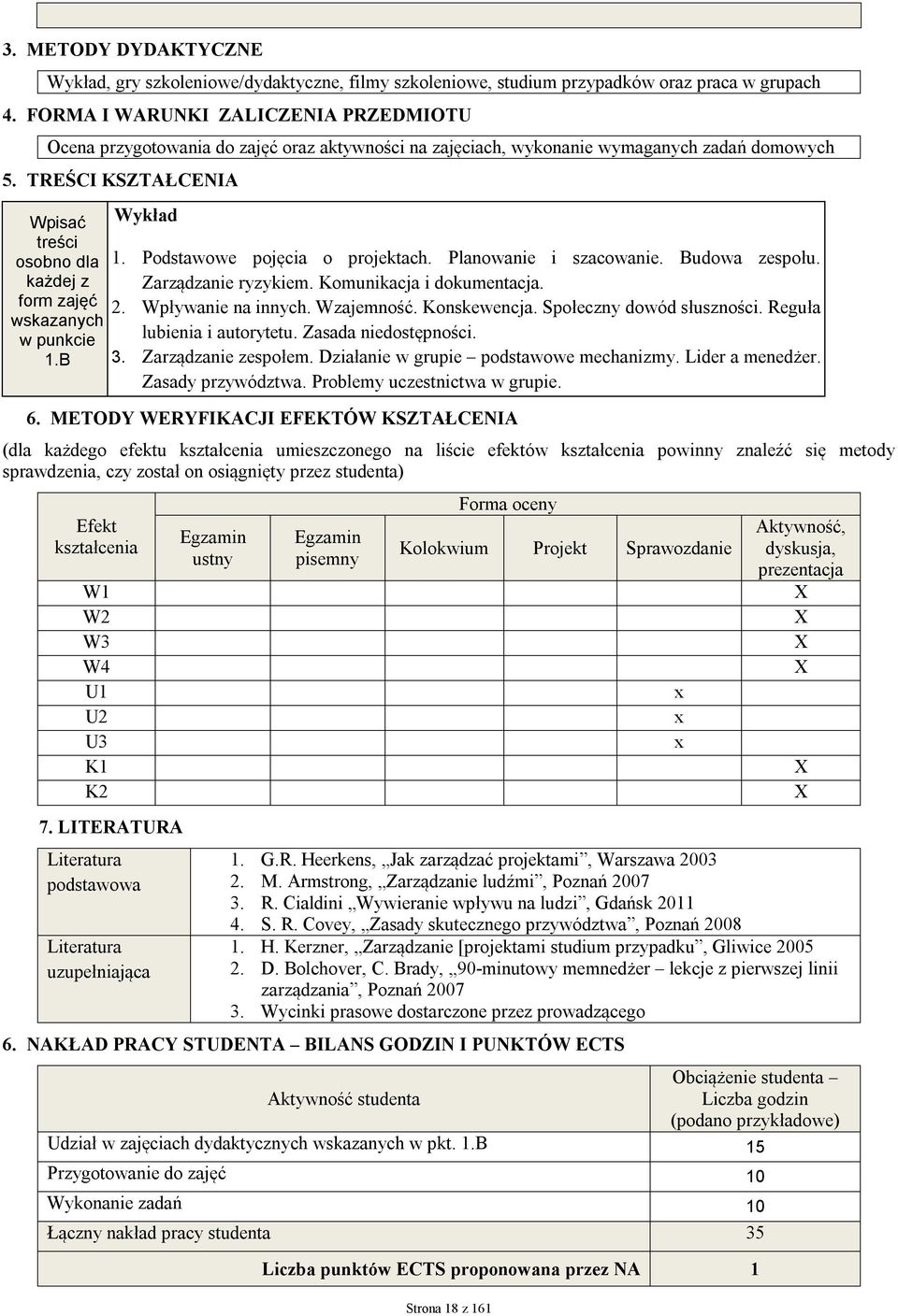 TREŚCI KSZTAŁCENIA Wpisać treści osobno dla każdej z form zajęć wskazanych w punkcie 1.B Wykład 1. Podstawowe pojęcia o projektach. Planowanie i szacowanie. Budowa zespołu. Zarządzanie ryzykiem.