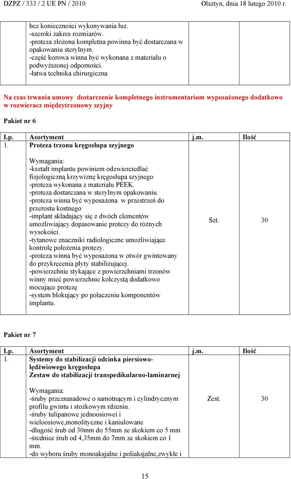 -łatwa technika chirurgiczna Na czas trwania umowy dostarczenie kompletnego instrumentarium wyposażonego dodatkowo w rozwieracz międzytrzonowy szyjny Pakiet nr 6 1.