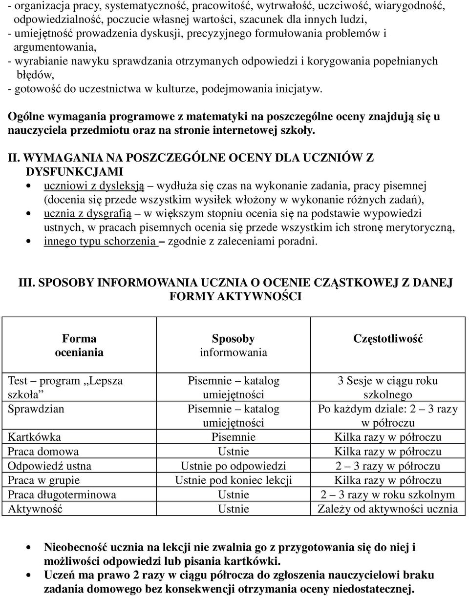 inicjatyw. Ogólne wymagania programowe z matematyki na poszczególne oceny znajdują się u nauczyciela przedmiotu oraz na stronie internetowej szkoły. II.