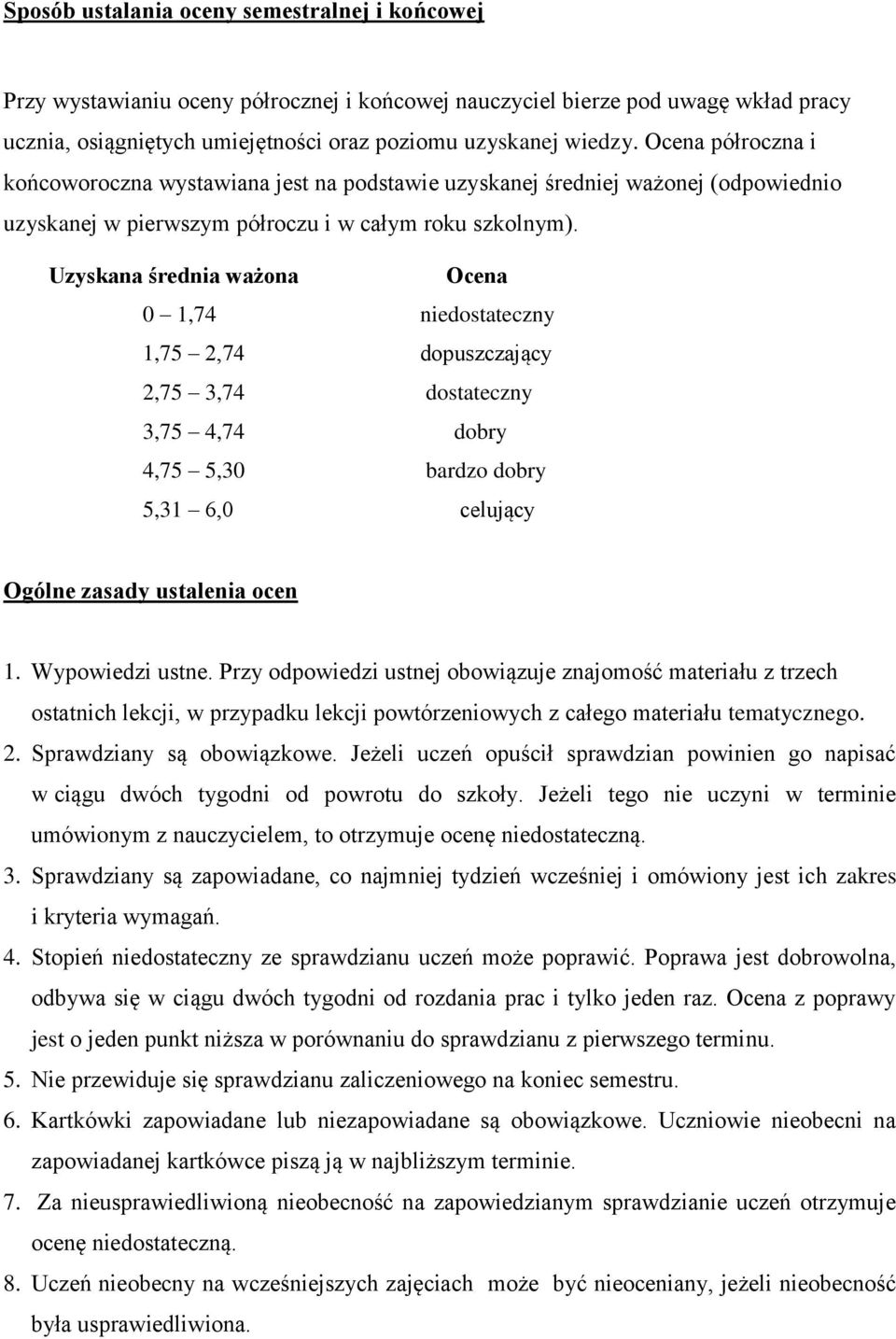 Uzyskana średnia ważona Ocena 0 1,74 niedostateczny 1,75 2,74 dopuszczający 2,75 3,74 dostateczny 3,75 4,74 dobry 4,75 5,30 bardzo dobry 5,31 6,0 celujący Ogólne zasady ustalenia ocen 1.