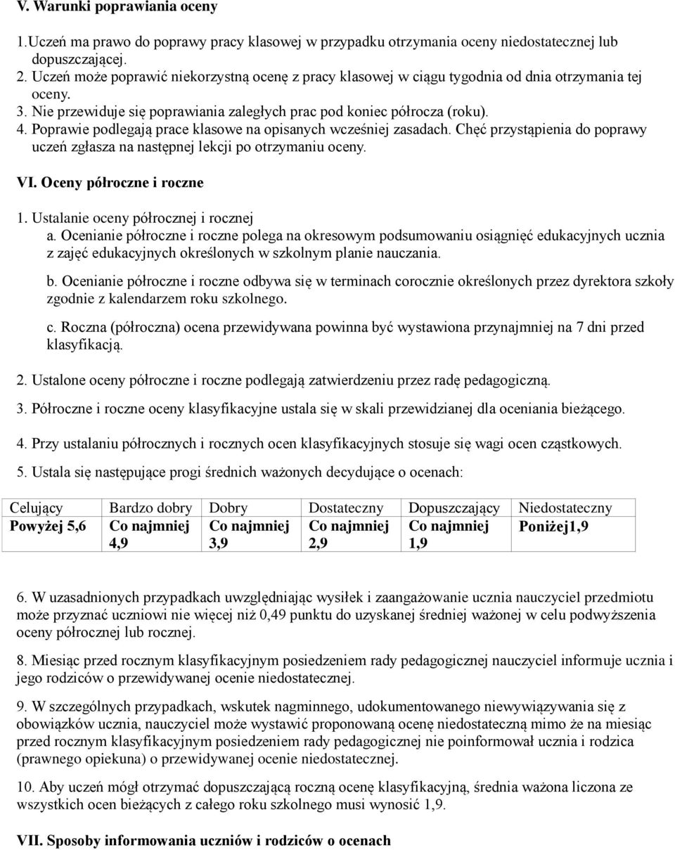 Poprawie podlegają prace klasowe na opisanych wcześniej zasadach. Chęć przystąpienia do poprawy uczeń zgłasza na następnej lekcji po otrzymaniu oceny. VI. Oceny półroczne i roczne 1.