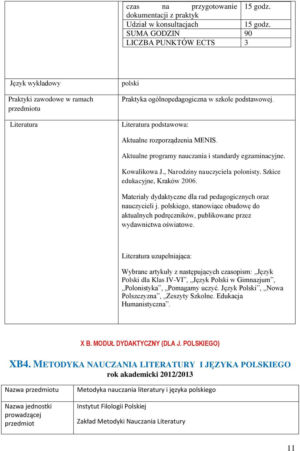 Literatura podstawowa: Aktualne rozporządzenia MENIS. Aktualne programy nauczania i standardy egzaminacyjne. Kowalikowa J., Narodziny nauczyciela polonisty. Szkice edukacyjne, Kraków 2006.