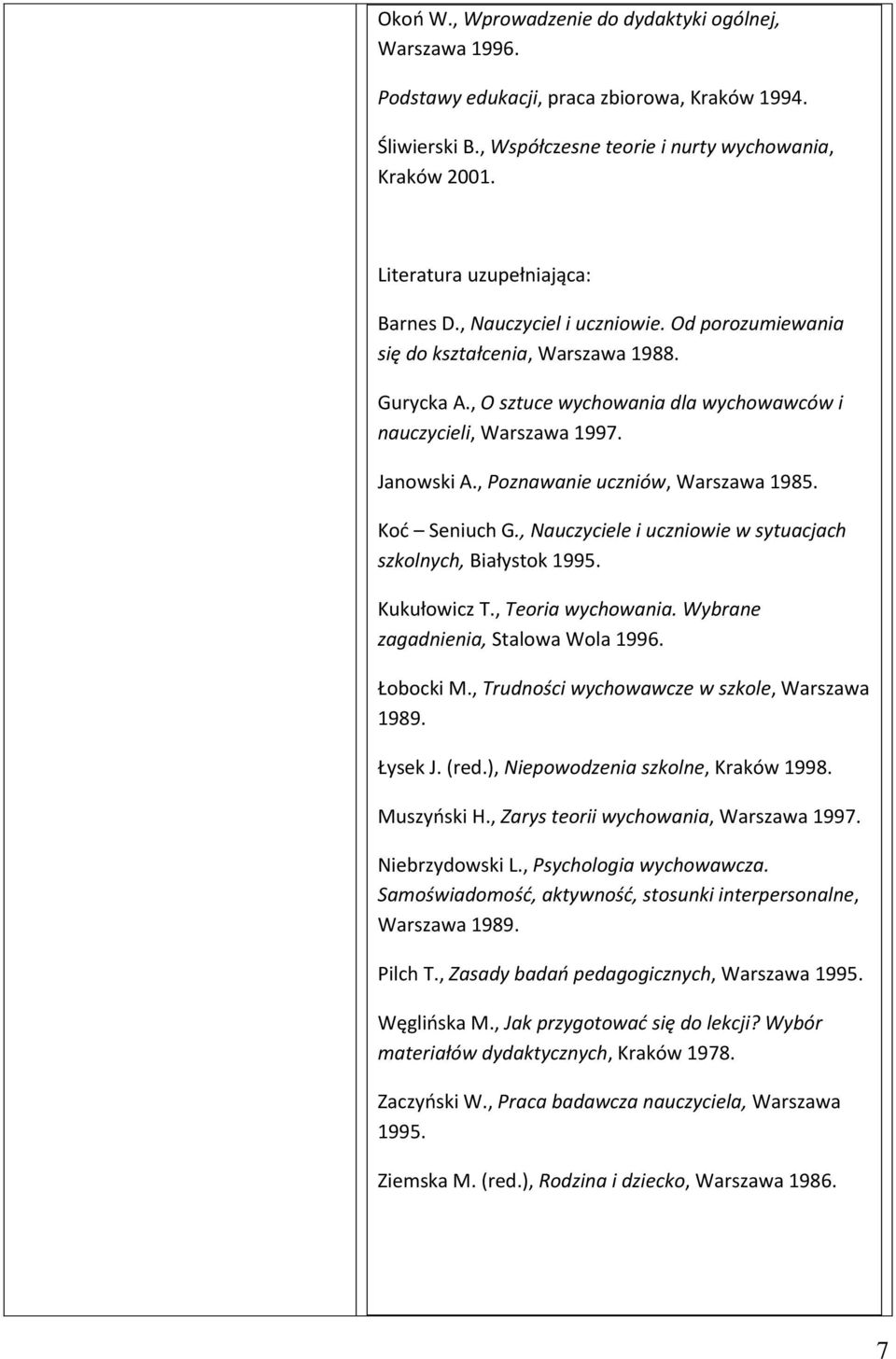 Janowski A., Poznawanie uczniów, Warszawa 1985. Koć Seniuch G., Nauczyciele i uczniowie w sytuacjach szkolnych, Białystok 1995. Kukułowicz T., Teoria wychowania.