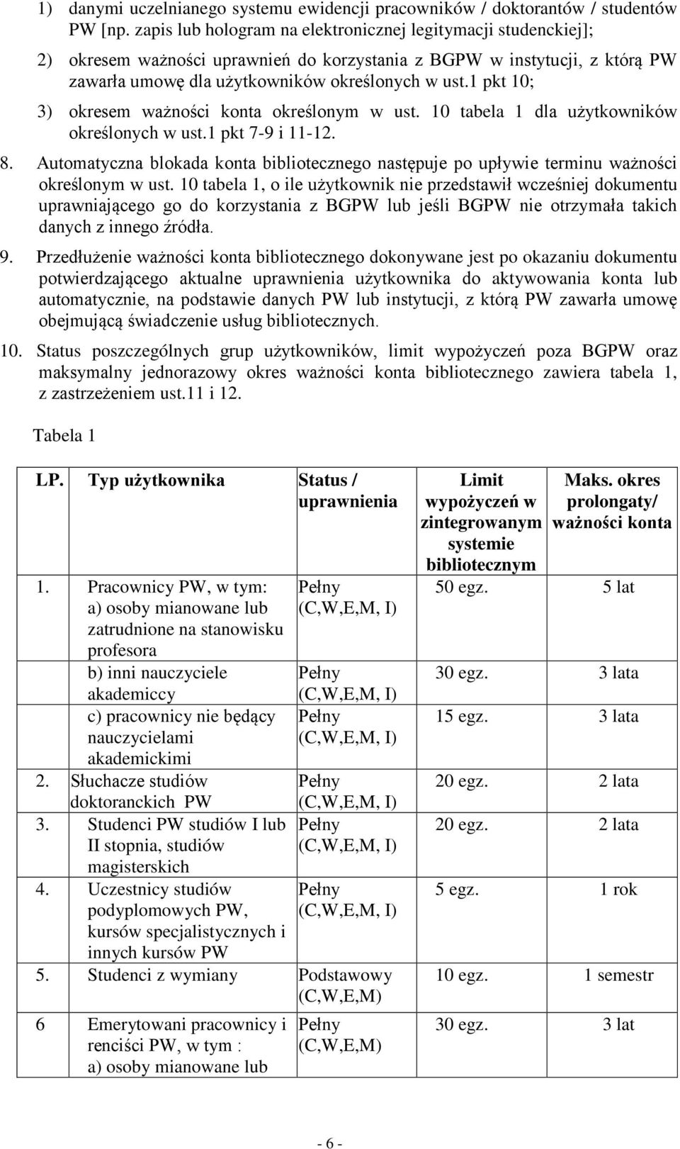 1 pkt 10; 3) okresem ważności konta określonym w ust. 10 tabela 1 dla użytkowników określonych w ust.1 pkt 7-9 i 11-12. 8.