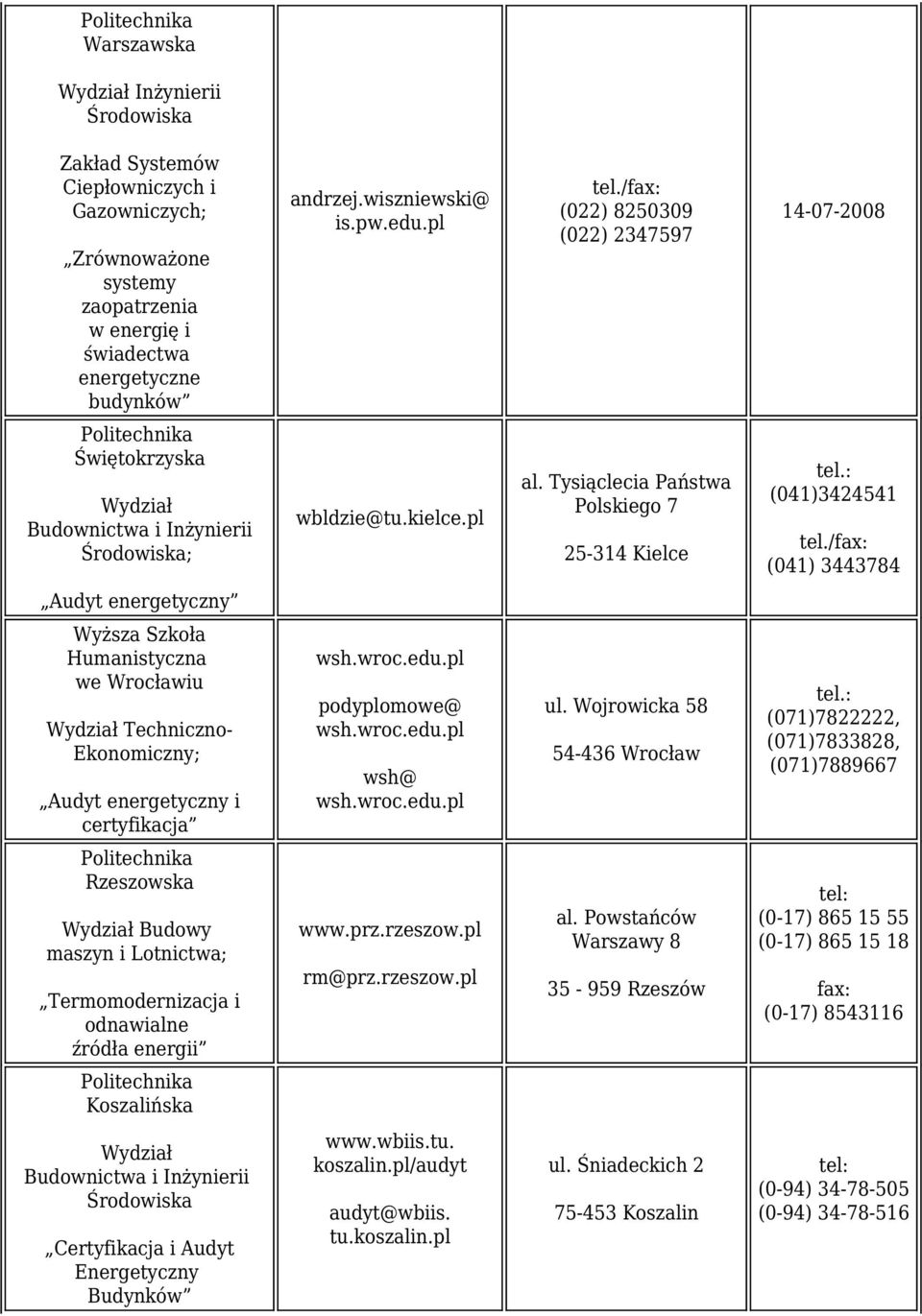 / (041) 3443784 Audyt Wyższa Szkoła Humanistyczna we Wrocławiu Techniczno- Ekonomiczny; Audyt i certyfikacja wsh.wroc.edu.pl podyplomowe@ wsh.wroc.edu.pl wsh@ wsh.wroc.edu.pl ul.