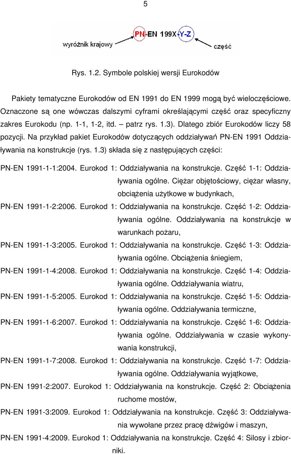 Na przykład pakiet Eurokodów dotyczących oddziaływań PN-EN 1991 Oddziaływania na konstrukcje (rys. 1.3) składa się z następujących części: PN-EN 1991-1-1:2004. Eurokod 1: Oddziaływania na konstrukcje.