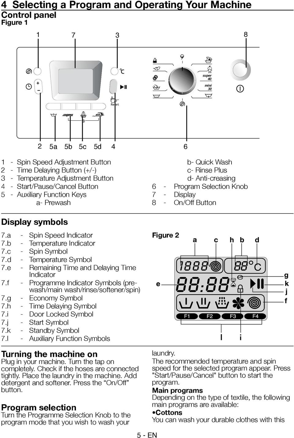 d - Temperature Symbol 7.e - Remaining Time and Delaying Time Indicator 7.f - Programme Indicator Symbols (prewash/main wash/rinse/softener/spin) 7.g - Economy Symbol 7.h - Time Delaying Symbol 7.