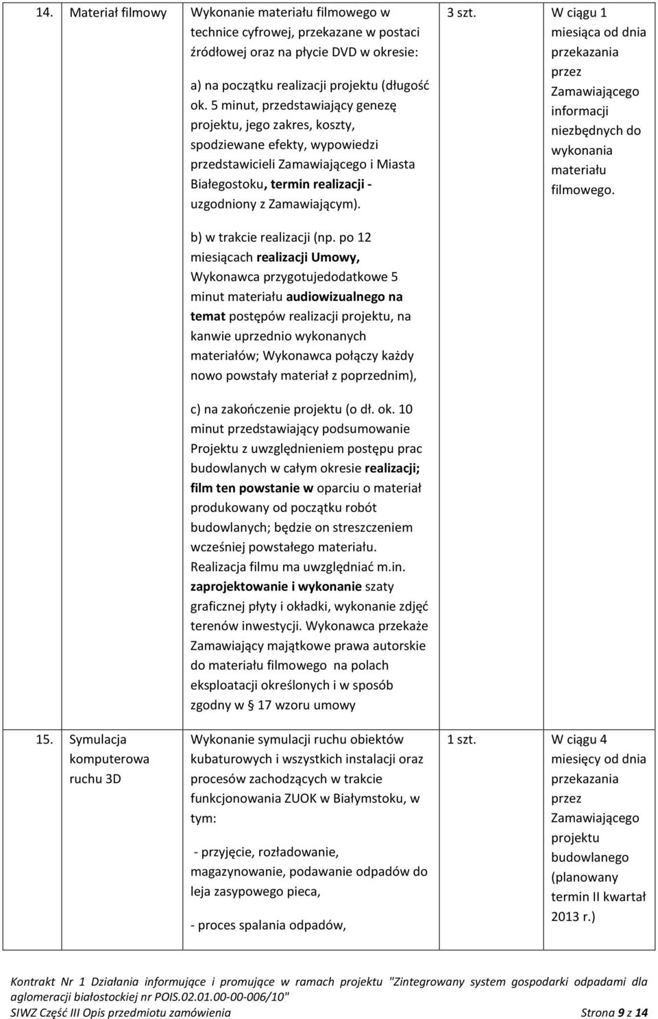 3 szt. W ciągu 1 miesiąca od dnia przekazania przez Zamawiającego informacji niezbędnych do wykonania materiału filmowego. 15. Symulacja komputerowa ruchu 3D b) w trakcie realizacji (np.