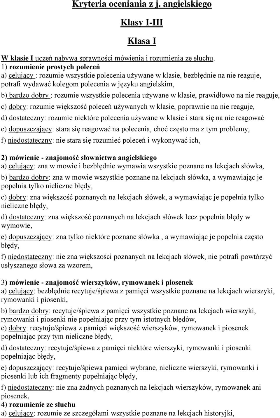 wszystkie polecenia używane w klasie, prawidłowo na nie reaguje, c) dobry: rozumie większość poleceń używanych w klasie, poprawnie na nie reaguje, d) dostateczny: rozumie niektóre polecenia używane w