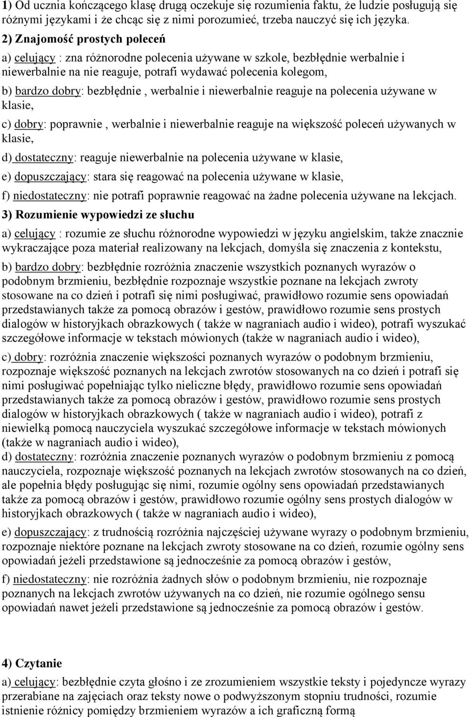 bezbłędnie, werbalnie i niewerbalnie reaguje na polecenia używane w klasie, c) dobry: poprawnie, werbalnie i niewerbalnie reaguje na większość poleceń używanych w klasie, d) dostateczny: reaguje