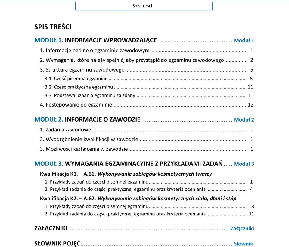 INFORMACJE O ZAWODZIE... Moduł 2 1. Zadania zawodowe... 1 2. Wyodrębnienie kwalifikacji w zawodzie... 1 3. Możliwości kształcenia w zawodzie... 1 MODUŁ 3. WYMAGANIA EGZAMINACYJNE Z PRZYKŁADAMI ZADAŃ.