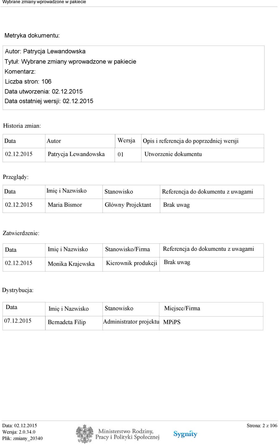 12.2015 Maria Bismor Główny Projektant Brak uwag Data Imię i Nazwisko Stanowisko/Firma Referencja do dokumentu z uwagami 02.12.2015 Monika Krajewska Kierownik produkcji Brak uwag Data Imię i Nazwisko Stanowisko Miejsce/Firma 07.