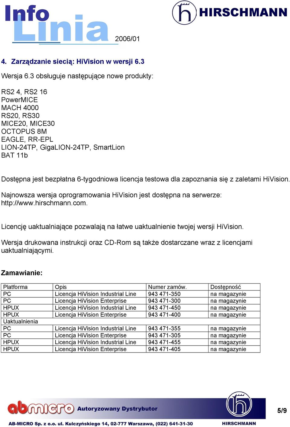 6-tygodniowa licencja testowa dla zapoznania się z zaletami HiVision. Najnowsza wersja oprogramowania HiVision jest dostępna na serwerze: http://www.hirschmann.com.