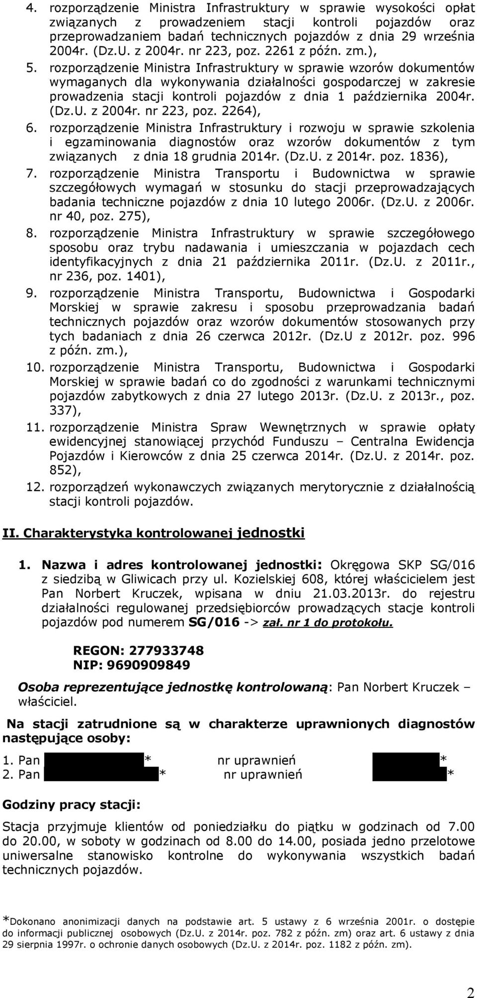 rozporządzenie Ministra Infrastruktury w sprawie wzorów dokumentów wymaganych dla wykonywania działalności gospodarczej w zakresie prowadzenia stacji kontroli pojazdów z dnia 1 października 2004r.