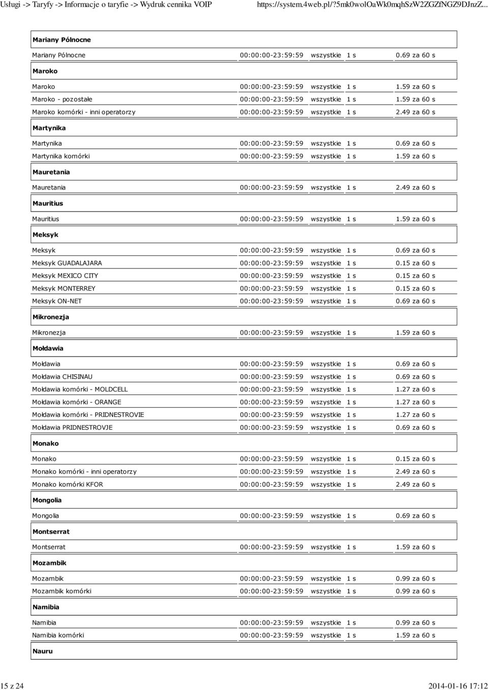 49 za 60 s Martynika Martynika 00:00:00-23:59:59 wszystkie 1 s 0.69 za 60 s Martynika komórki 00:00:00-23:59:59 wszystkie 1 s 1.59 za 60 s Mauretania Mauretania 00:00:00-23:59:59 wszystkie 1 s 2.