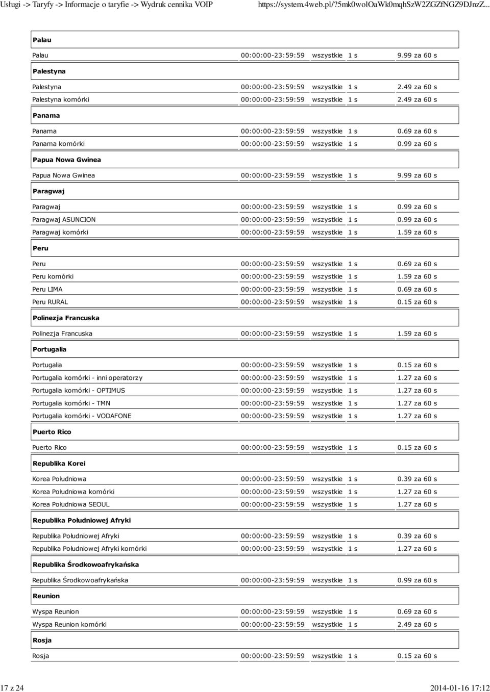 99 za 60 s Paragwaj Paragwaj 00:00:00-23:59:59 wszystkie 1 s 0.99 za 60 s Paragwaj ASUNCION 00:00:00-23:59:59 wszystkie 1 s 0.99 za 60 s Paragwaj komórki 00:00:00-23:59:59 wszystkie 1 s 1.