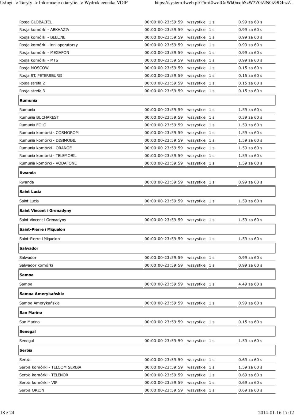 99 za 60 s Rosja komórki - MEGAFON 00:00:00-23:59:59 wszystkie 1 s 0.99 za 60 s Rosja komórki - MTS 00:00:00-23:59:59 wszystkie 1 s 0.99 za 60 s Rosja MOSCOW 00:00:00-23:59:59 wszystkie 1 s 0.