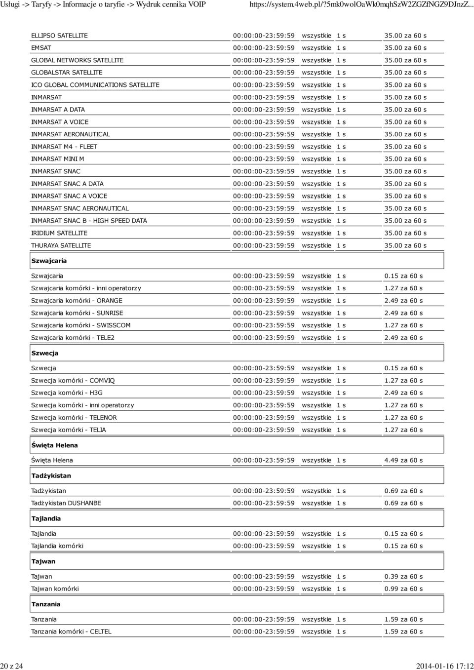 00 za 60 s ICO GLOBAL COMMUNICATIONS SATELLITE 00:00:00-23:59:59 wszystkie 1 s 35.00 za 60 s INMARSAT 00:00:00-23:59:59 wszystkie 1 s 35.00 za 60 s INMARSAT A DATA 00:00:00-23:59:59 wszystkie 1 s 35.