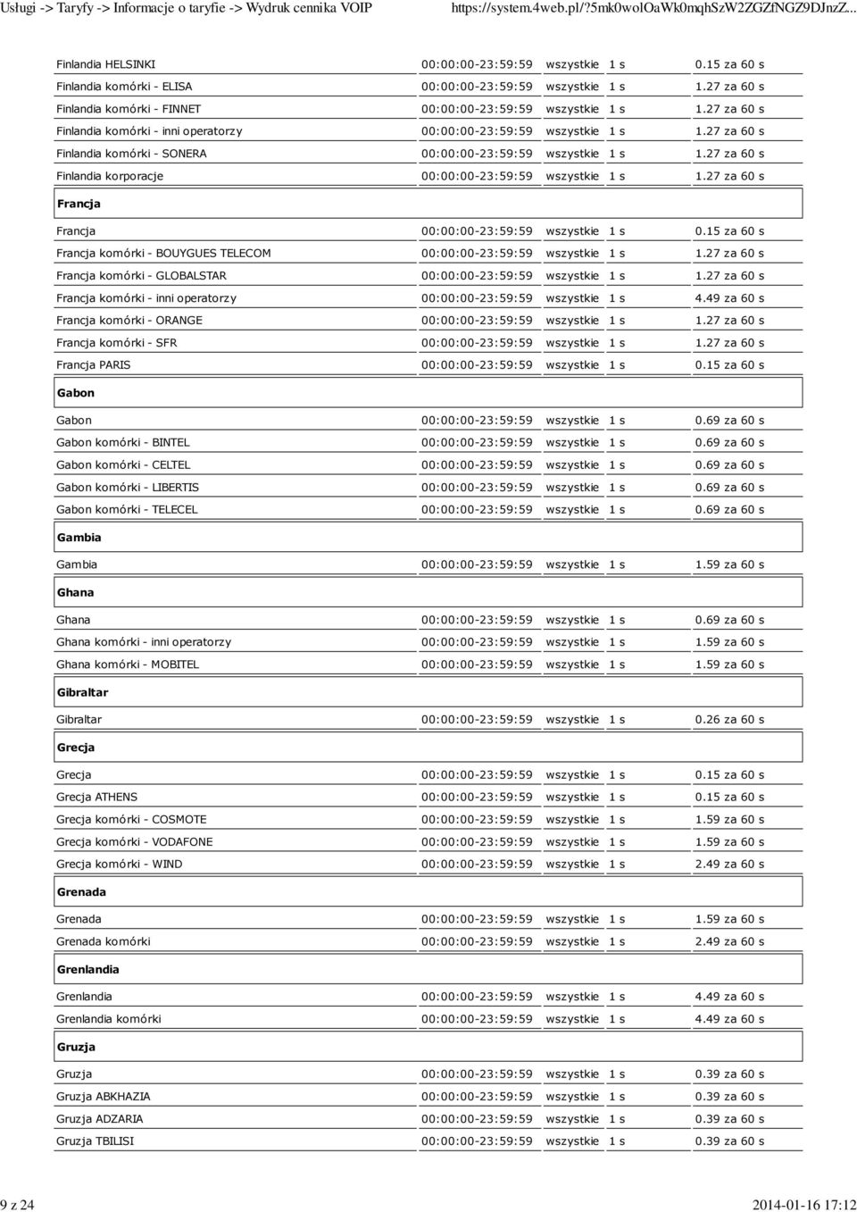 27 za 60 s Finlandia komórki - SONERA 00:00:00-23:59:59 wszystkie 1 s 1.27 za 60 s Finlandia korporacje 00:00:00-23:59:59 wszystkie 1 s 1.27 za 60 s Francja Francja 00:00:00-23:59:59 wszystkie 1 s 0.