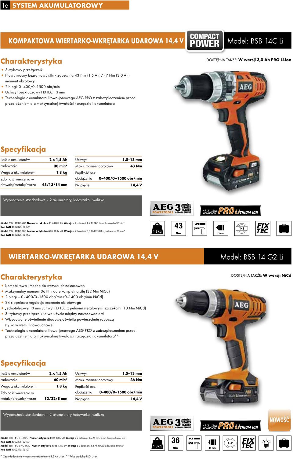 DOSTĘPNA TAKŻE: W wersji 3,0 Ah PRO Li-Ion Ilość akumulatorów Ładowarka Waga z akumulatorem Zdolność wiercenia w drewnie/metalu/murze 2 x 1,5 Ah 30 min* 1,8 kg 45/13/14 mm Uchwyt 1,5 13 mm Maks.