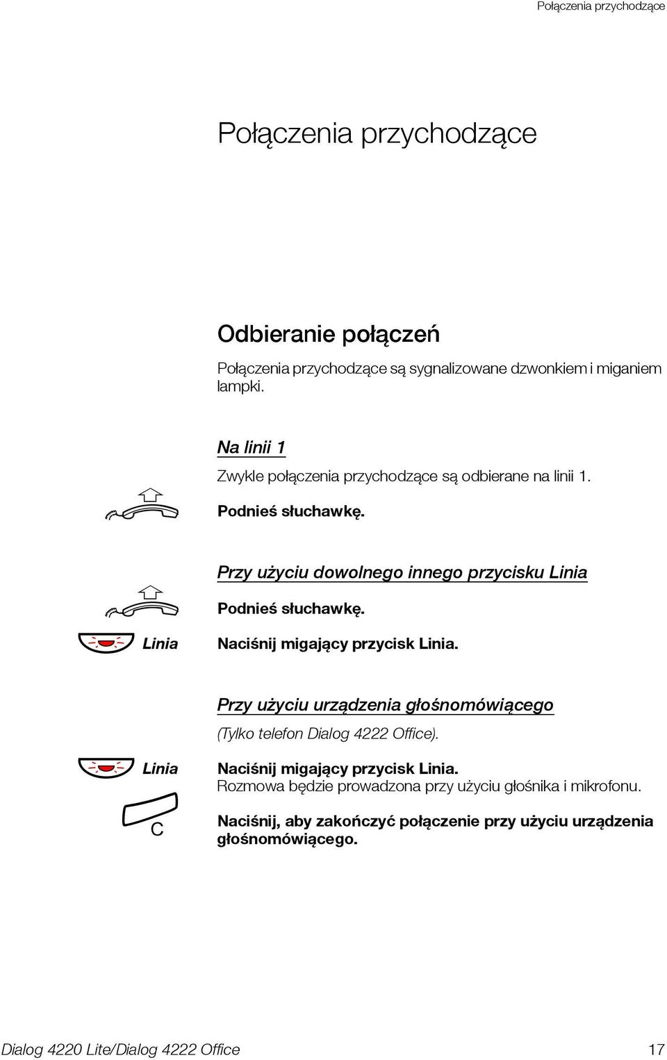 Przy użyciu dowolnego innego przycisku Linia Podnieś słuchawkę. Naciśnij migający przycisk Linia.