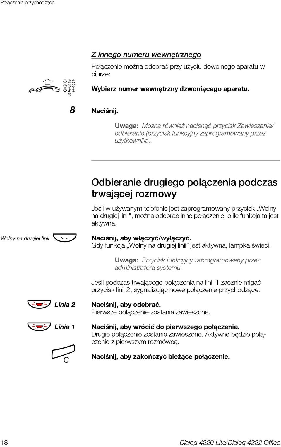 Odbieranie drugiego połączenia podczas trwającej rozmowy Wolny na drugiej linii Ô Jeśli w używanym telefonie jest zaprogramowany przycisk Wolny na drugiej linii, można odebrać inne połączenie, o ile