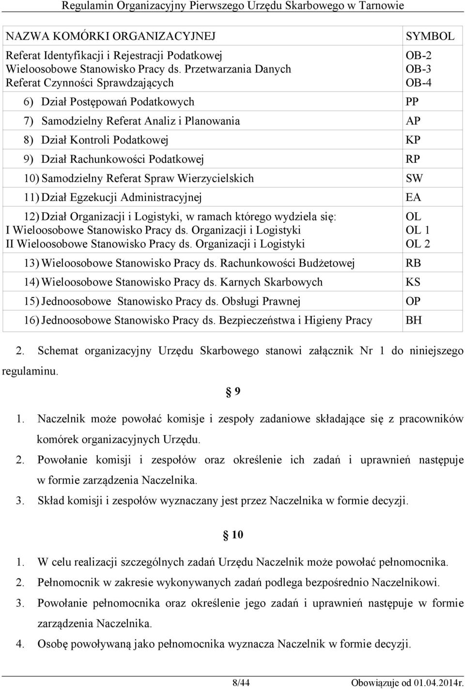 Podatkowej RP 10) Samodzielny Referat Spraw Wierzycielskich SW 11) Dział Egzekucji Administracyjnej EA 12) Dział Organizacji i Logistyki, w ramach którego wydziela się: I Wieloosobowe Stanowisko