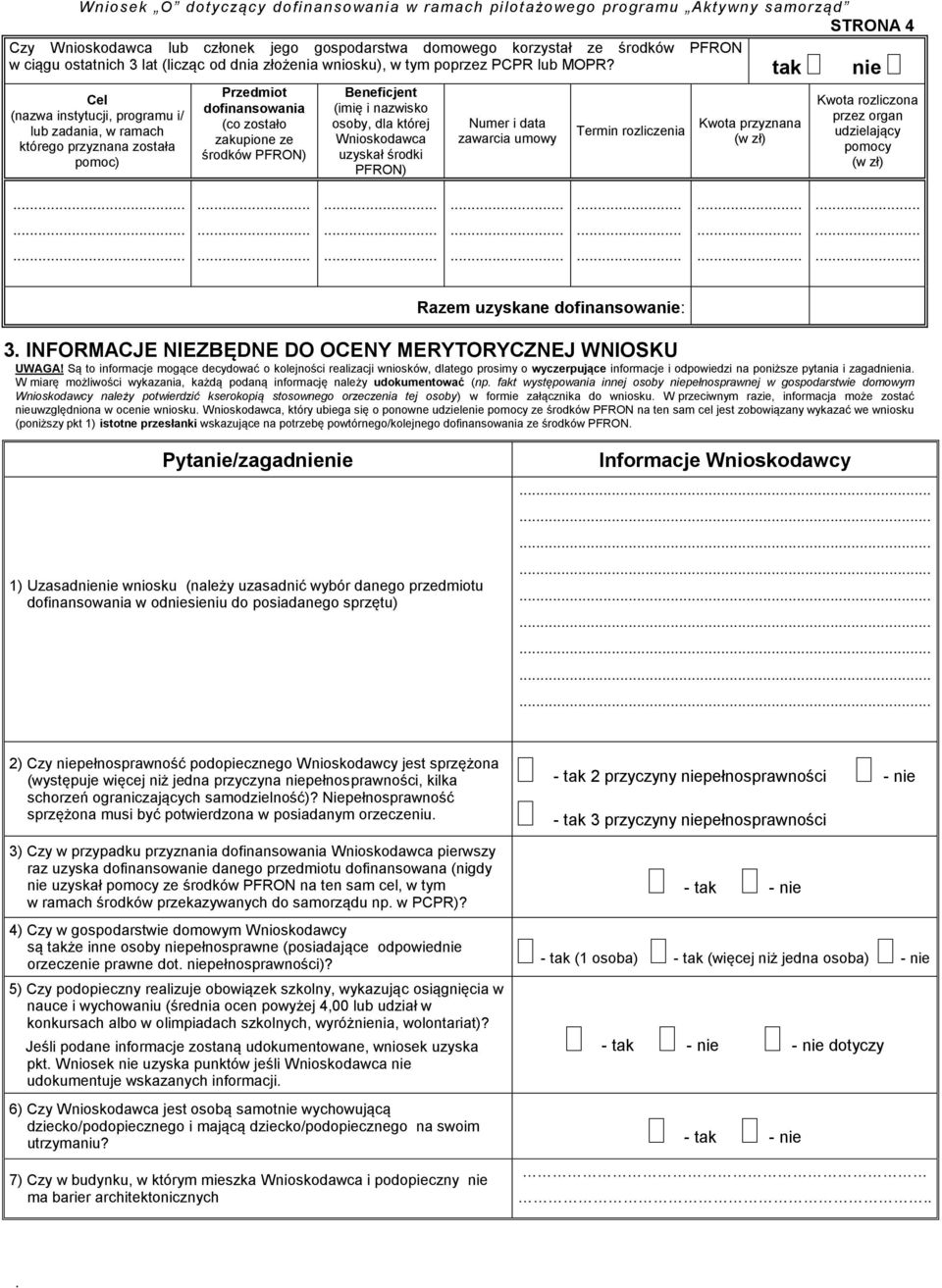 dla której Wnioskodawca uzyskał środki PFRON) Numer i data zawarcia umowy Termin rozliczenia Kwota przyznana (w zł) Kwota rozliczona przez organ udzielający pomocy (w zł) Razem uzyskane