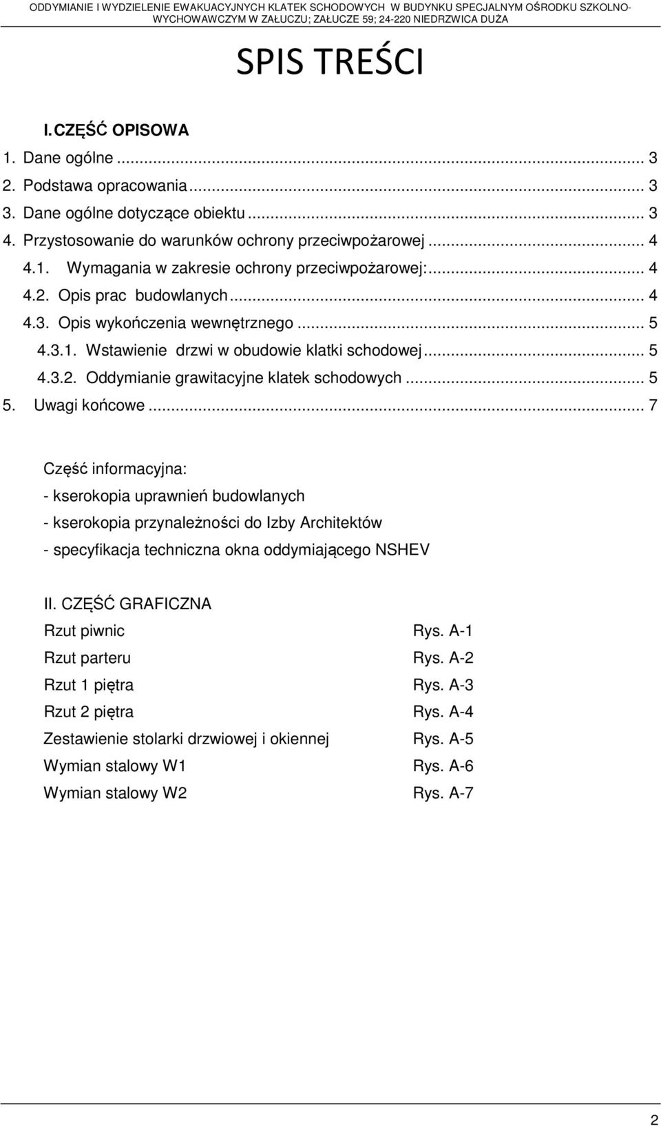 Uwagi końcowe... 7 Część informacyjna: - kserokopia uprawnień budowlanych - kserokopia przynależności do Izby Architektów - specyfikacja techniczna okna oddymiającego NSHEV II.