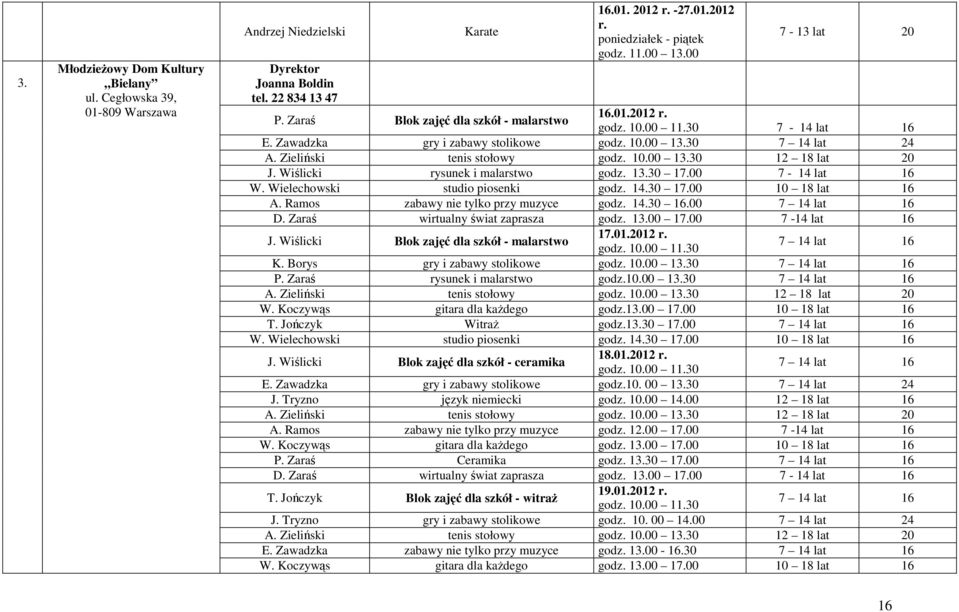 Zieliński tenis stołowy godz. 10.00 13.30 12 18 lat 20 J. Wiślicki rysunek i malarstwo godz. 13.30 17.00 7-14 lat W. Wielechowski studio piosenki godz. 14.30 17.00 10 18 lat A.