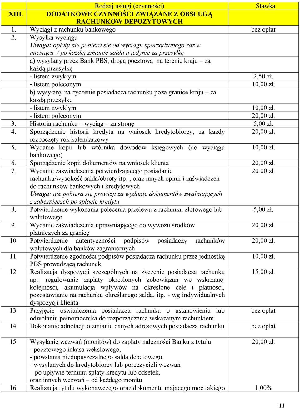 każdą przesyłkę - listem zwykłym 2,50 zł. - listem poleconym 10,00 zł. b) wysyłany na życzenie posiadacza rachunku poza granice kraju za każdą przesyłkę - listem zwykłym 10,00 zł.