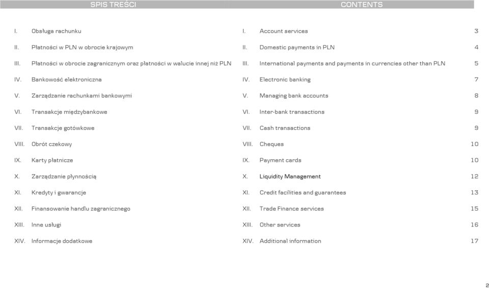 Zarządzanie rachunkami bankowymi V. Managing bank accounts 8 VI. Transakcje międzybankowe VI. Inter-bank transactions 9 VII. Transakcje gotówkowe VII. Cash transactions 9 VIII. Obrót czekowy VIII.